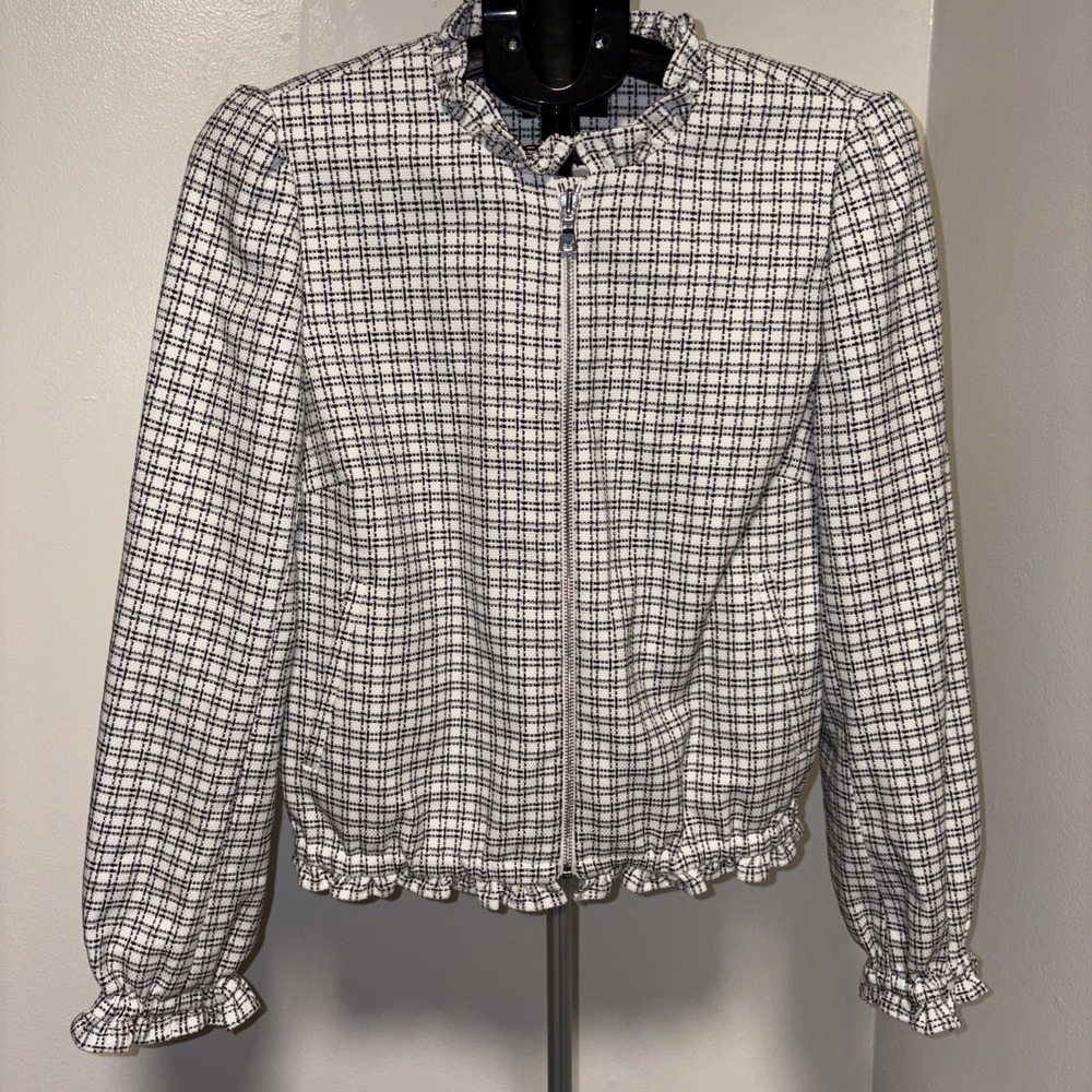 Ann Taylor Plaid Ruffle Zip Jacket Size Medium‎ Black White Full Zip New NWOT
